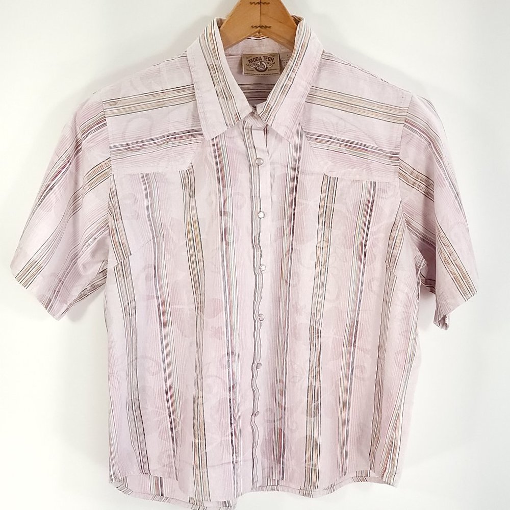 Moda Tech Shirt Top Junior's Large Multicolor Stripes Short Sleeve Snap Front